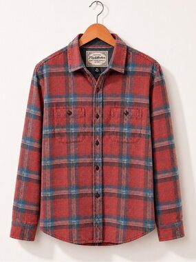 Flag & Anthem Red Plaid Button-Up Long Sleeve Cotton Shacket with Teal Accents